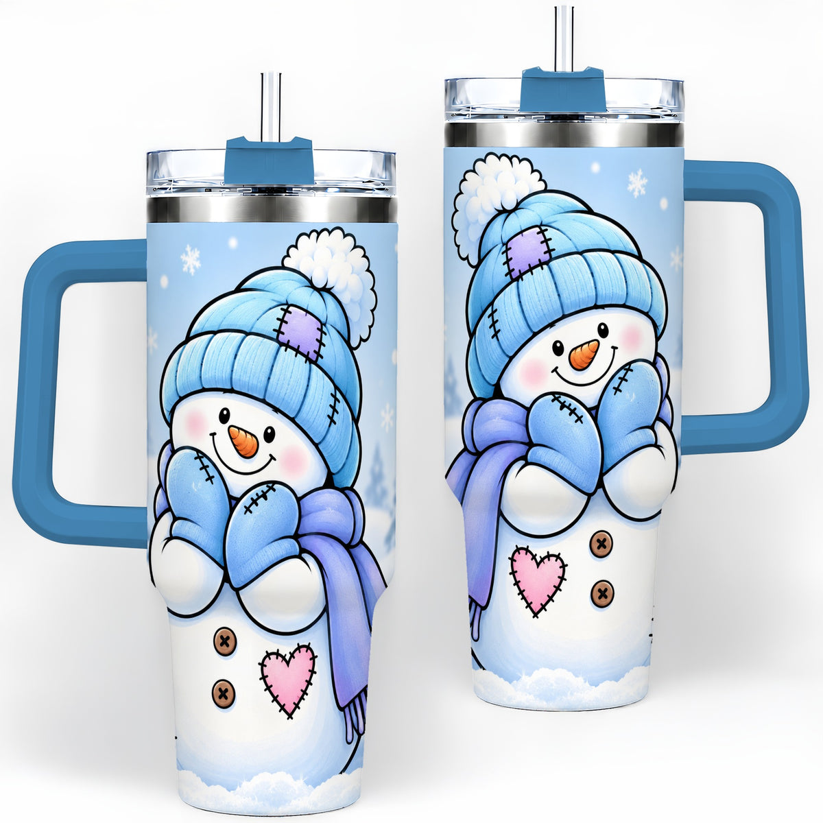 #pl[40oz|Blue] Cute Winter Snowman 40oz Tumbler, Blue Hat Scarf and Heart Artwork