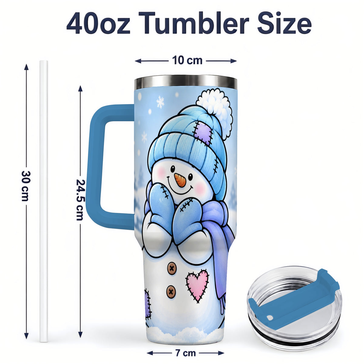 #pl[40oz|Blue] Cute Winter Snowman 40oz Tumbler, Blue Hat Scarf and Heart Artwork