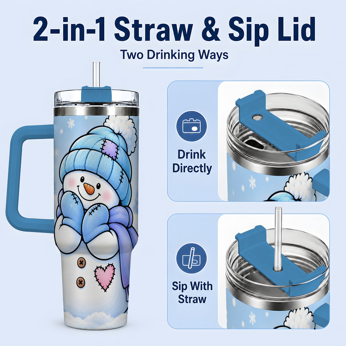 #pl[40oz|Blue] Cute Winter Snowman 40oz Tumbler, Blue Hat Scarf and Heart Artwork