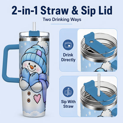 #pl[40oz|Blue] Cute Winter Snowman 40oz Tumbler, Blue Hat Scarf and Heart Artwork