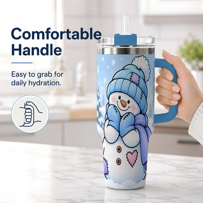 #pl[40oz|Blue] Cute Winter Snowman 40oz Tumbler, Blue Hat Scarf and Heart Artwork