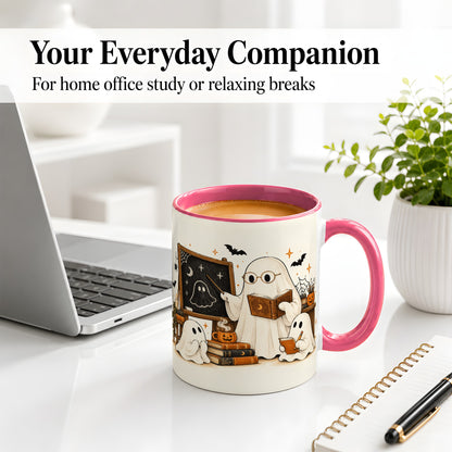 #pl[11oz|Pink] Halloween Teacher Ghost Ceramic Mug, Spooky Classroom Artwork
