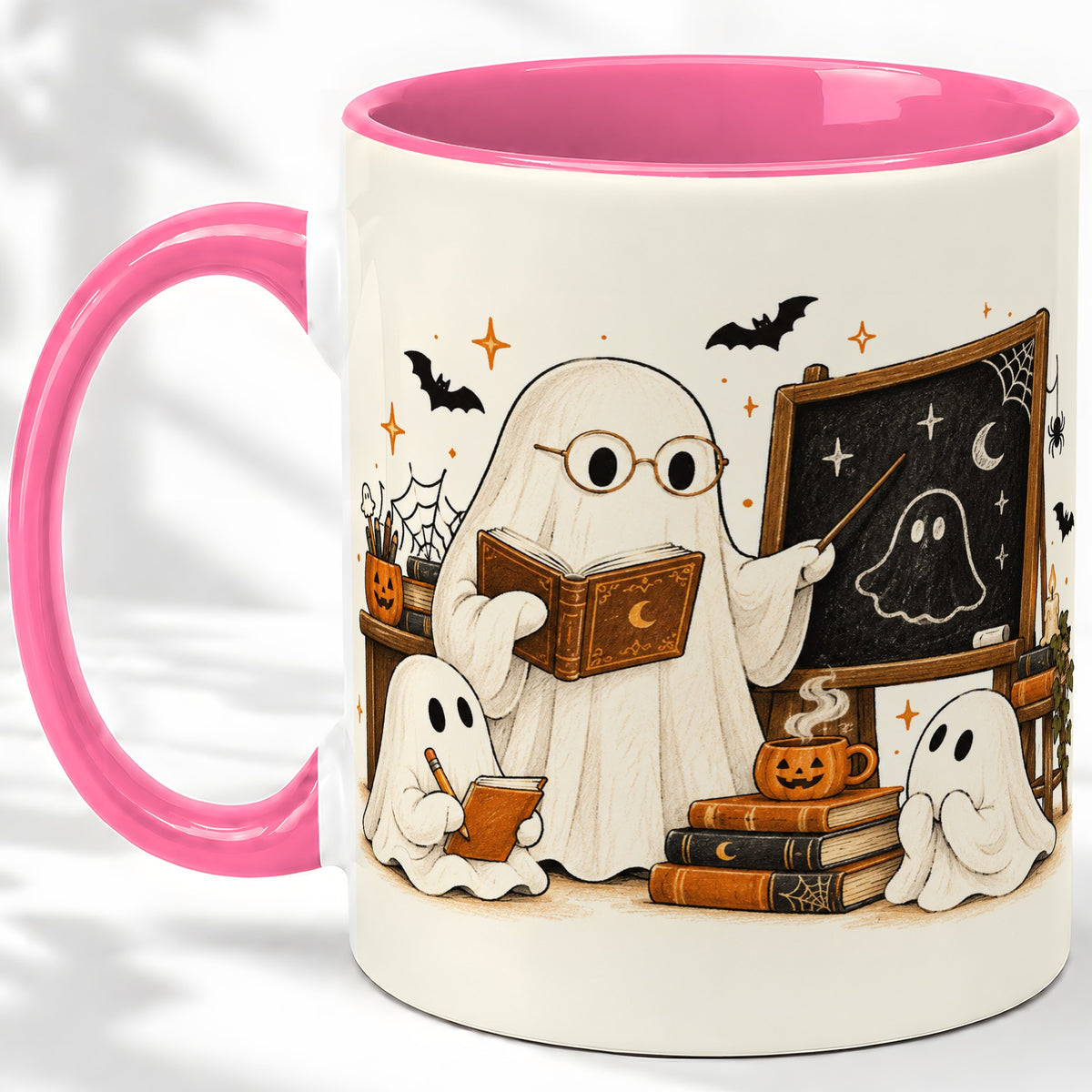 #pl[11oz|Pink] Halloween Teacher Ghost Ceramic Mug, Spooky Classroom Artwork