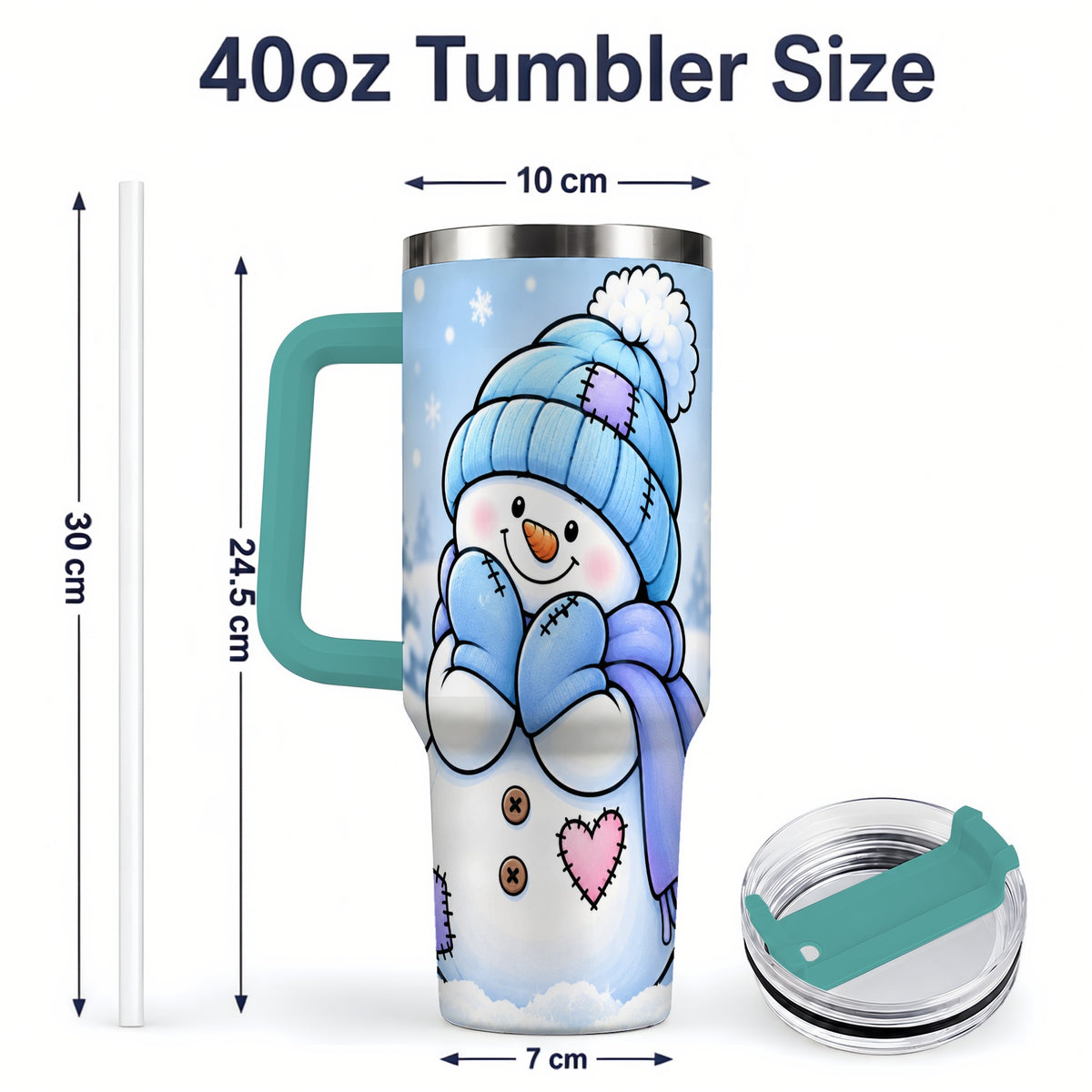 #pl[40oz|Green] Cute Winter Snowman 40oz Tumbler, Blue Hat Scarf and Heart Artwork