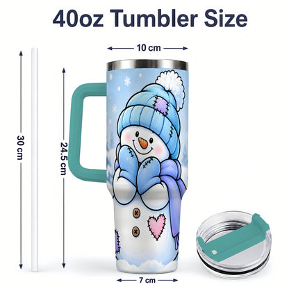 #pl[40oz|Green] Cute Winter Snowman 40oz Tumbler, Blue Hat Scarf and Heart Artwork