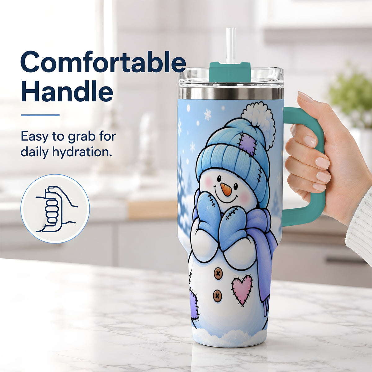 #pl[40oz|Green] Cute Winter Snowman 40oz Tumbler, Blue Hat Scarf and Heart Artwork