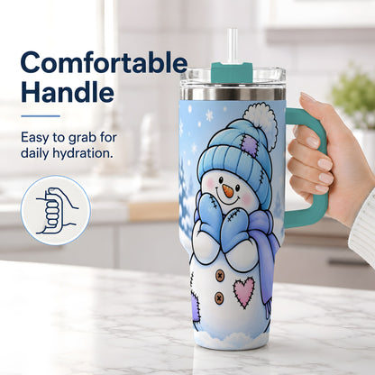 #pl[40oz|Green] Cute Winter Snowman 40oz Tumbler, Blue Hat Scarf and Heart Artwork