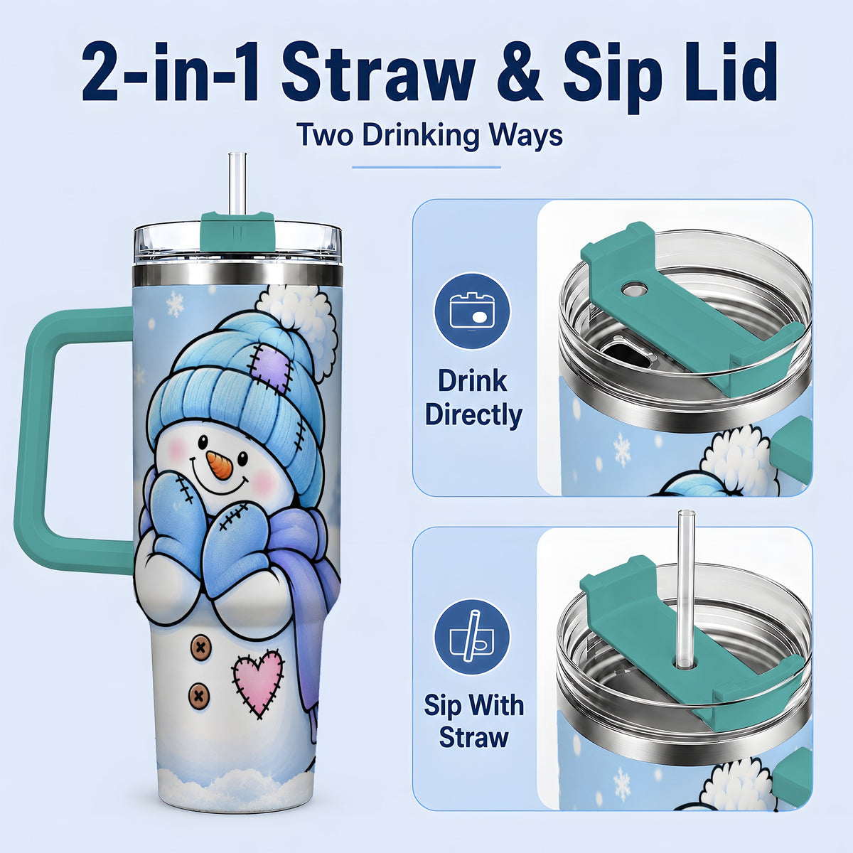 #pl[40oz|Green] Cute Winter Snowman 40oz Tumbler, Blue Hat Scarf and Heart Artwork