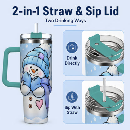 #pl[40oz|Green] Cute Winter Snowman 40oz Tumbler, Blue Hat Scarf and Heart Artwork