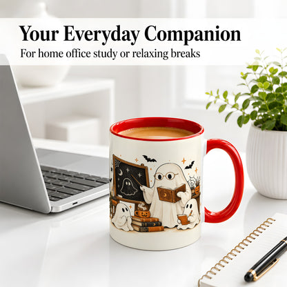 #pl[11oz|Red] Halloween Teacher Ghost Ceramic Mug, Spooky Classroom Artwork
