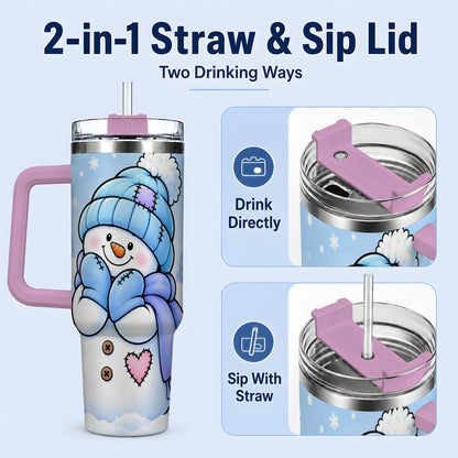 #pl[40oz|Pink] Cute Winter Snowman 40oz Tumbler, Blue Hat Scarf and Heart Artwork