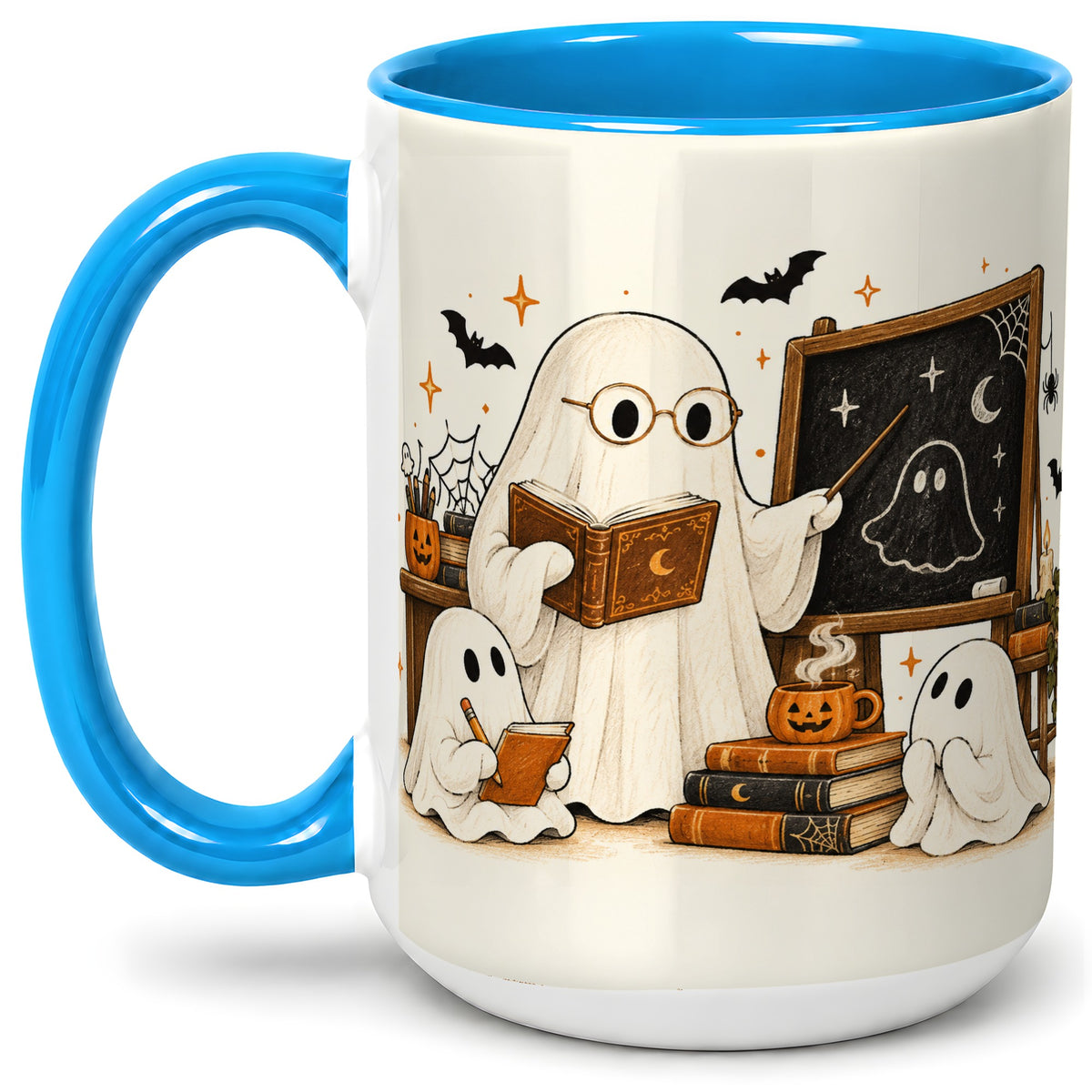 #pl[15oz|Blue] Halloween Teacher Ghost Ceramic Mug, Spooky Classroom Artwork