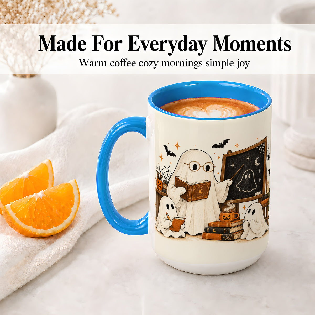 #pl[15oz|Blue] Halloween Teacher Ghost Ceramic Mug, Spooky Classroom Artwork