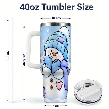#pl[40oz|White] Cute Winter Snowman 40oz Tumbler, Blue Hat Scarf and Heart Artwork