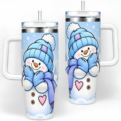 Cute Winter Snowman 40oz Tumbler, Blue Hat Scarf and Heart Artwork