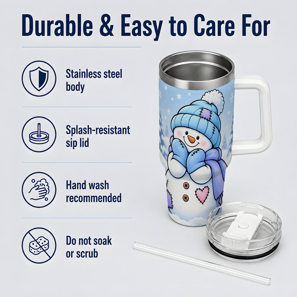 Cute Winter Snowman 40oz Tumbler, Blue Hat Scarf and Heart Artwork