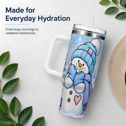 Cute Winter Snowman 40oz Tumbler, Blue Hat Scarf and Heart Artwork