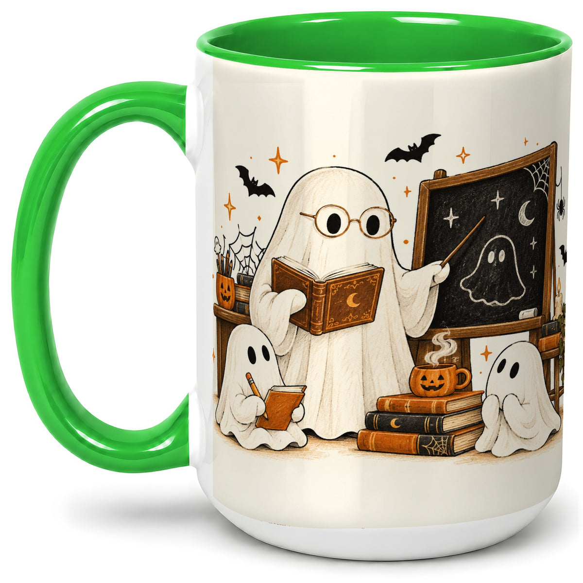 #pl[15oz|Green] Halloween Teacher Ghost Ceramic Mug, Spooky Classroom Artwork