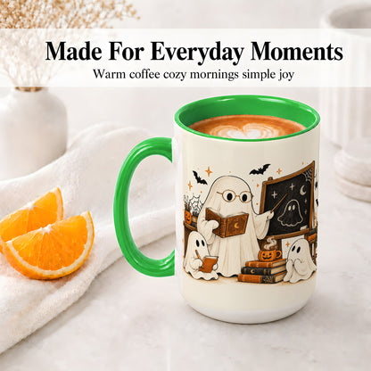 #pl[15oz|Green] Halloween Teacher Ghost Ceramic Mug, Spooky Classroom Artwork