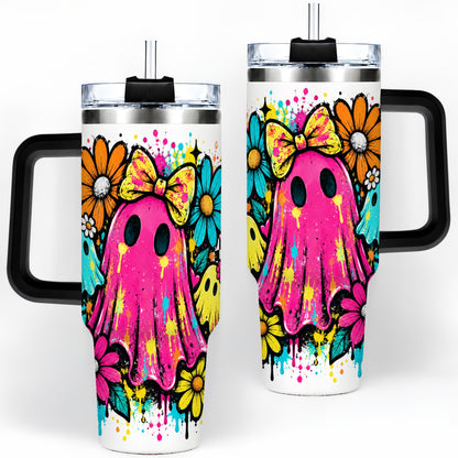 #pl[40oz|Black] Colorful Ghost Floral 40oz Tumbler, Bright Halloween Paint Artwork