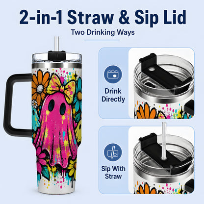 #pl[40oz|Black] Colorful Ghost Floral 40oz Tumbler, Bright Halloween Paint Artwork