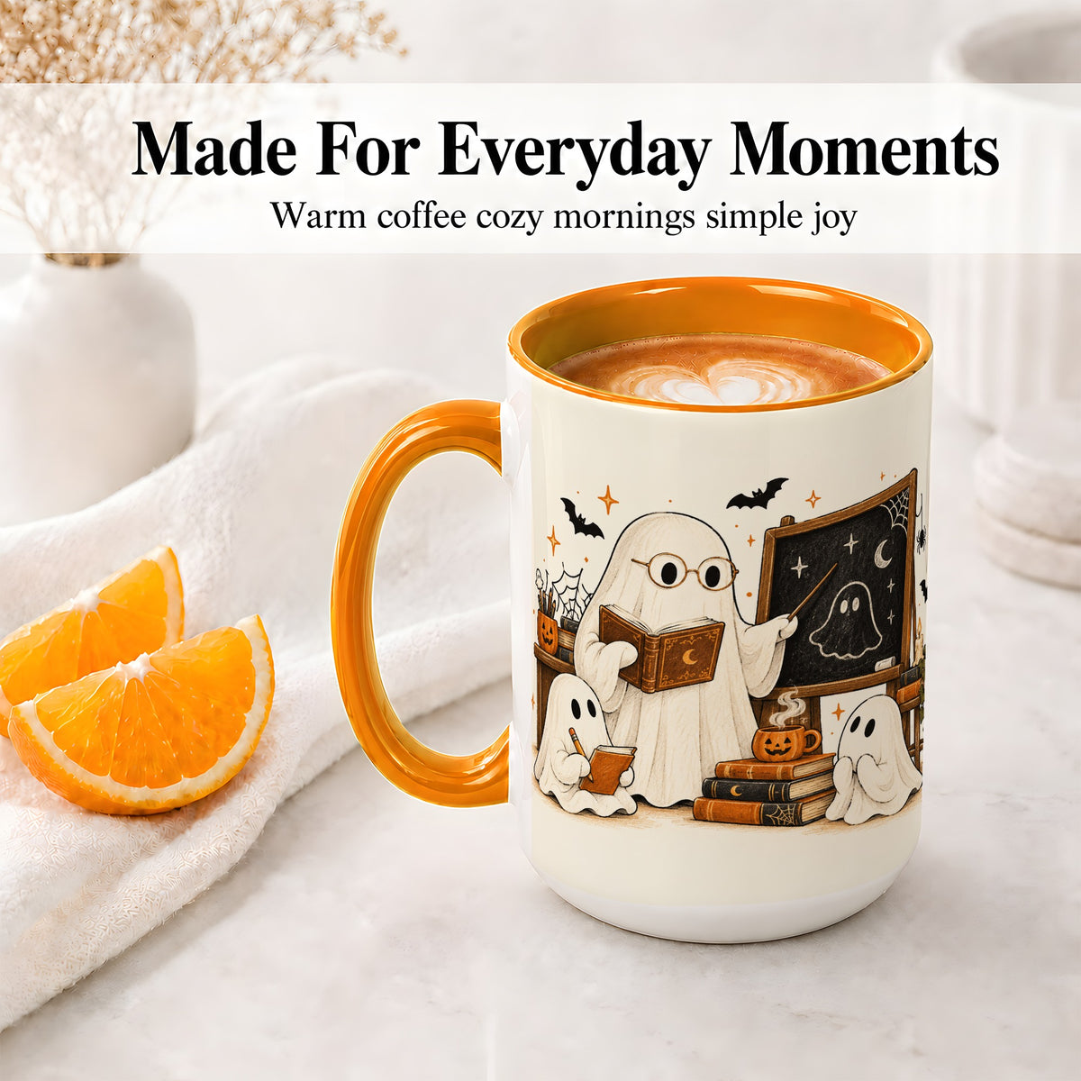 #pl[15oz|Orange] Halloween Teacher Ghost Ceramic Mug, Spooky Classroom Artwork