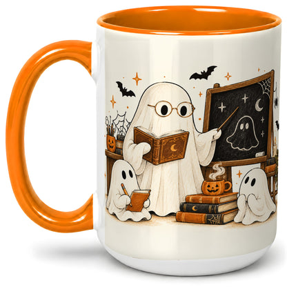 #pl[15oz|Orange] Halloween Teacher Ghost Ceramic Mug, Spooky Classroom Artwork