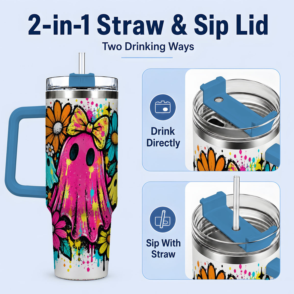 #pl[40oz|Blue] Colorful Ghost Floral 40oz Tumbler, Bright Halloween Paint Artwork