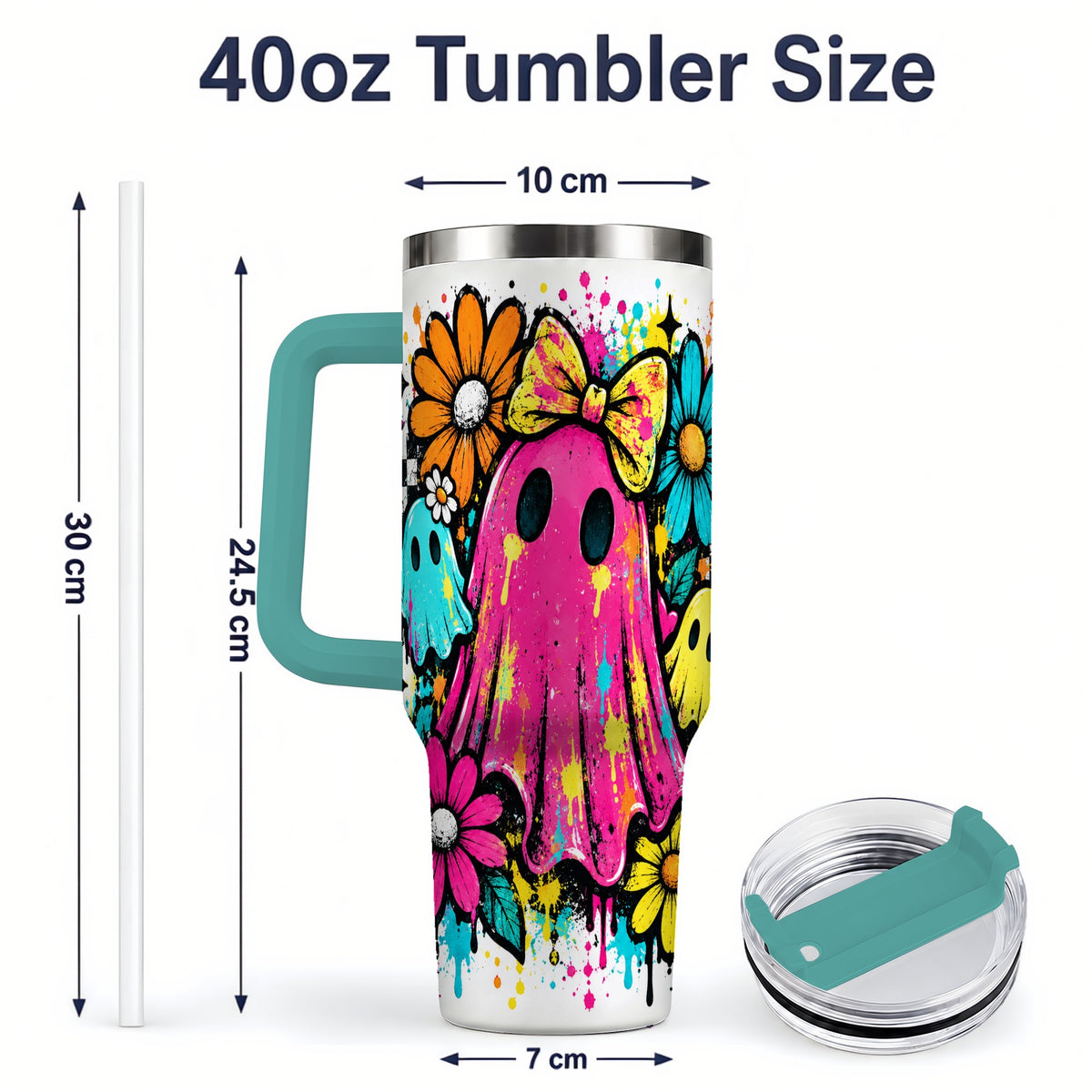 #pl[40oz|Green] Colorful Ghost Floral 40oz Tumbler, Bright Halloween Paint Artwork