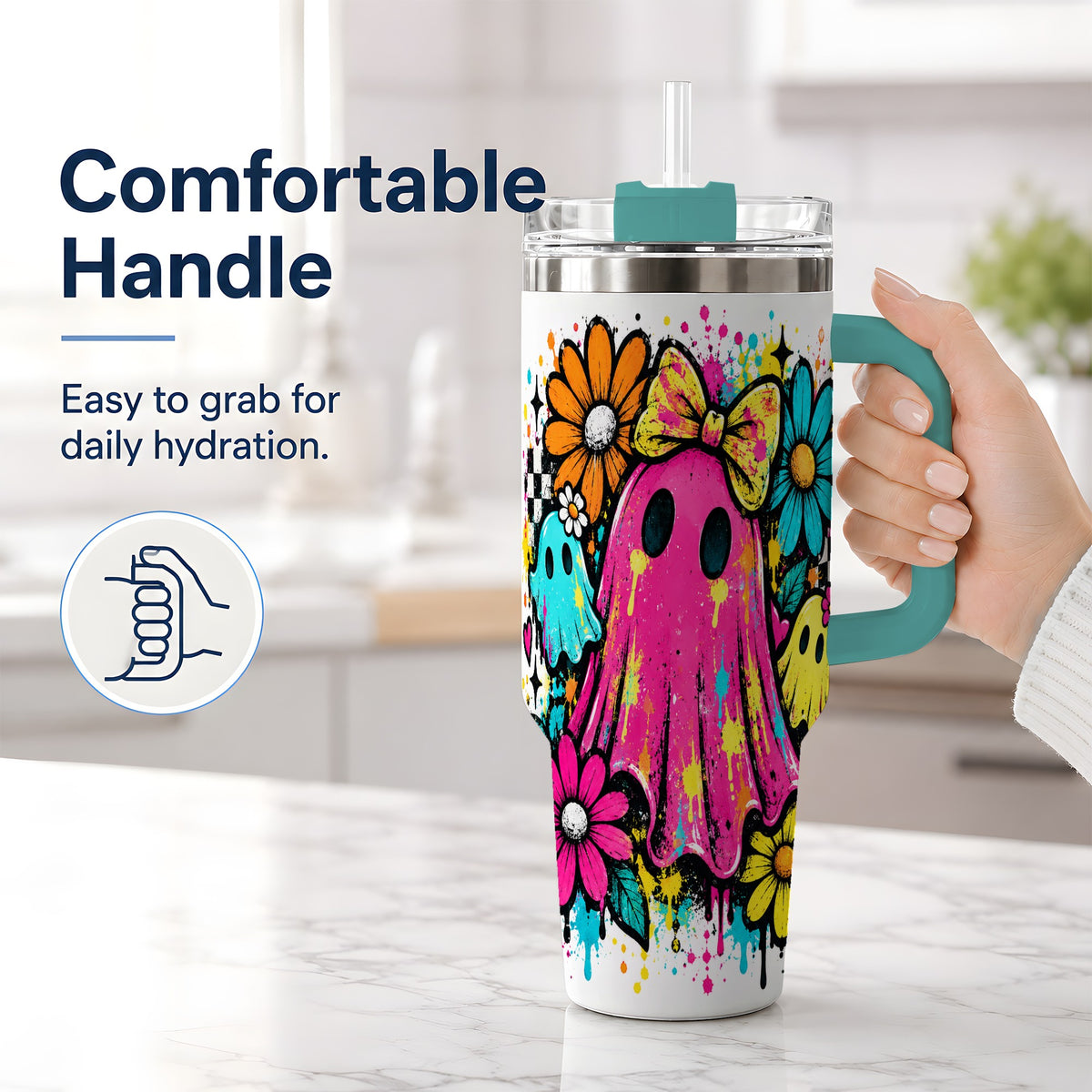 #pl[40oz|Green] Colorful Ghost Floral 40oz Tumbler, Bright Halloween Paint Artwork