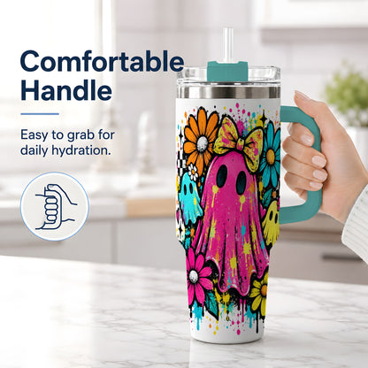 #pl[40oz|Green] Colorful Ghost Floral 40oz Tumbler, Bright Halloween Paint Artwork
