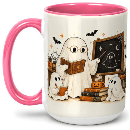 #pl[15oz|Pink] Halloween Teacher Ghost Ceramic Mug, Spooky Classroom Artwork