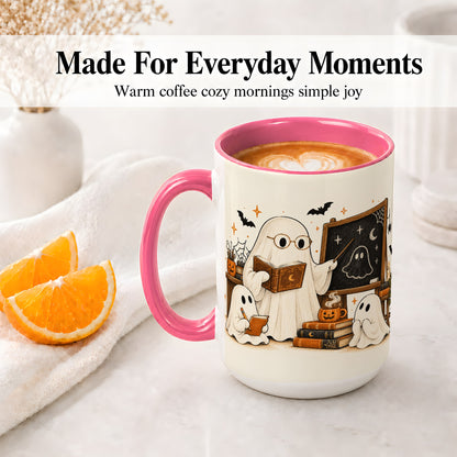 #pl[15oz|Pink] Halloween Teacher Ghost Ceramic Mug, Spooky Classroom Artwork