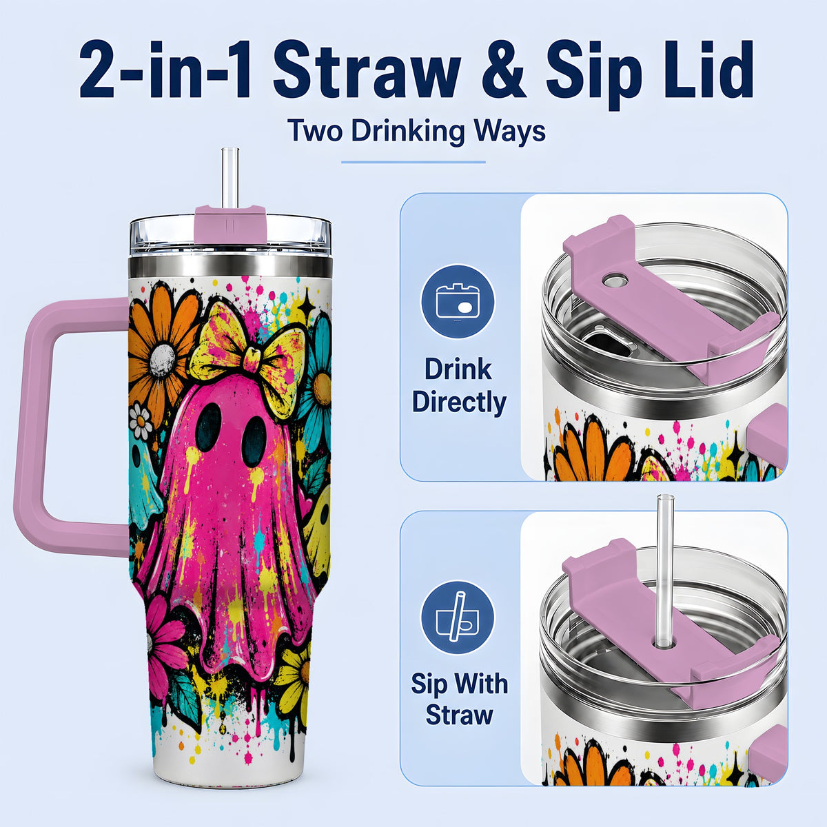 #pl[40oz|Pink] Colorful Ghost Floral 40oz Tumbler, Bright Halloween Paint Artwork