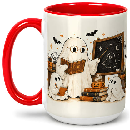 #pl[15oz|Red] Halloween Teacher Ghost Ceramic Mug, Spooky Classroom Artwork