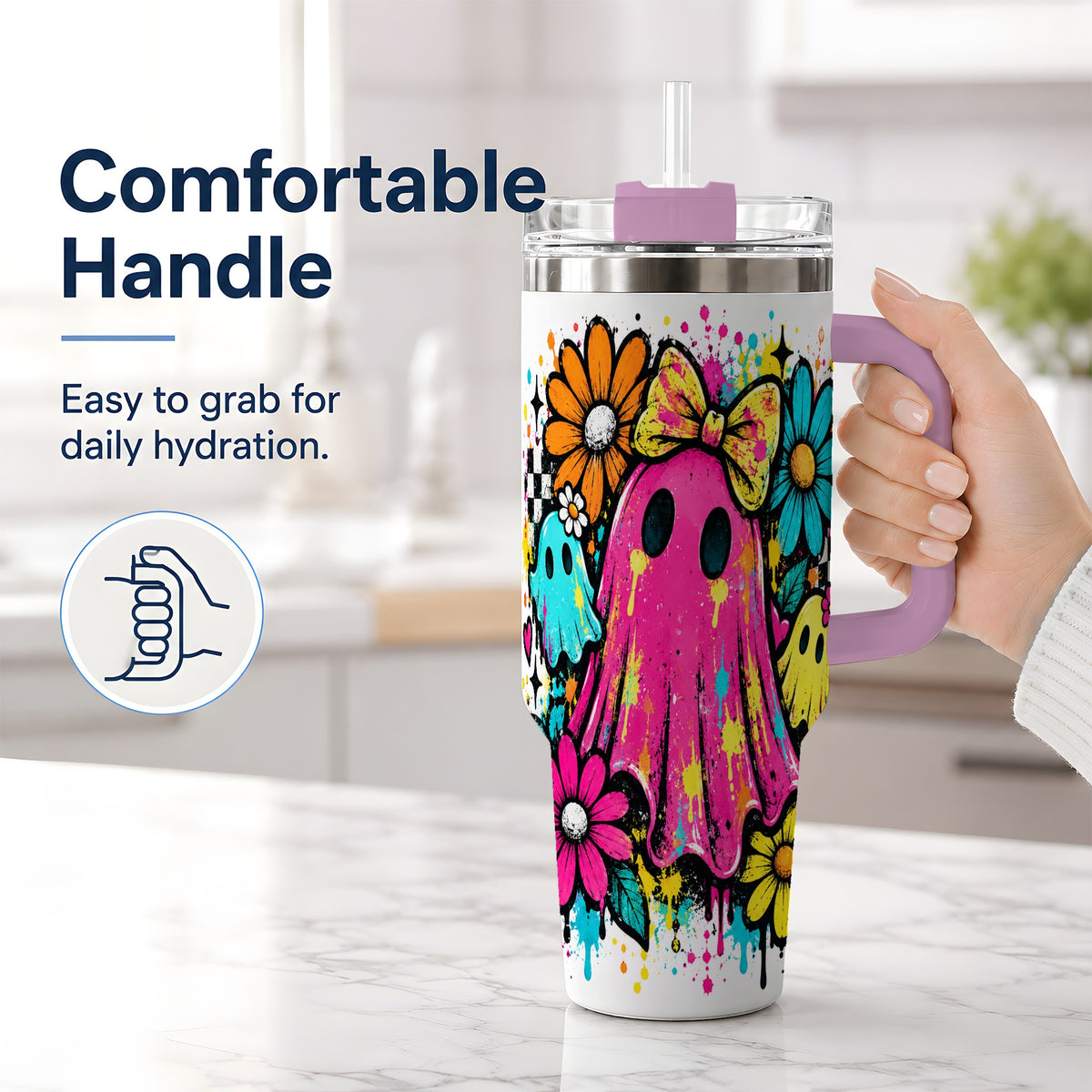 #pl[40oz|Pink] Colorful Ghost Floral 40oz Tumbler, Bright Halloween Paint Artwork