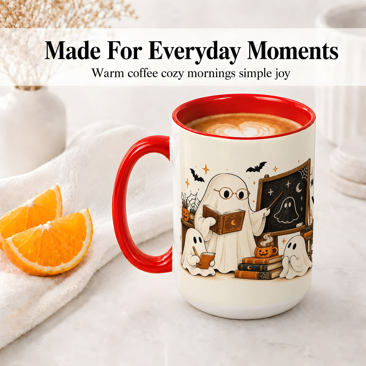 #pl[15oz|Red] Halloween Teacher Ghost Ceramic Mug, Spooky Classroom Artwork