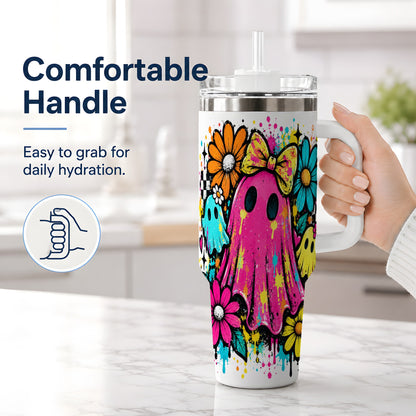 #pl[40oz|White] Colorful Ghost Floral 40oz Tumbler, Bright Halloween Paint Artwork