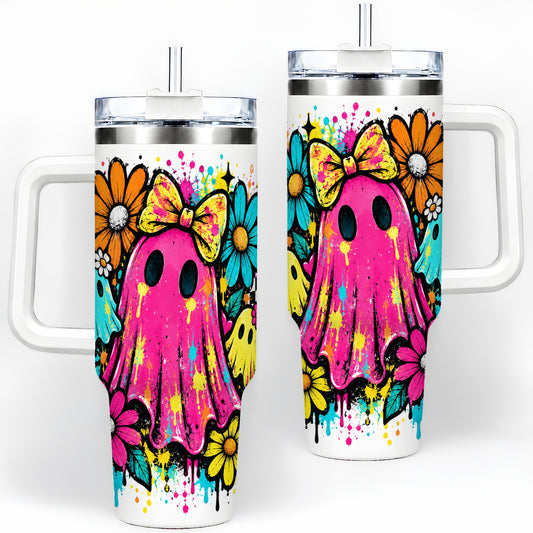 Colorful Ghost Floral 40oz Tumbler, Bright Halloween Paint Artwork