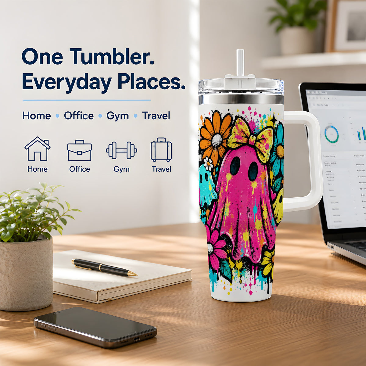 Colorful Ghost Floral 40oz Tumbler, Bright Halloween Paint Artwork