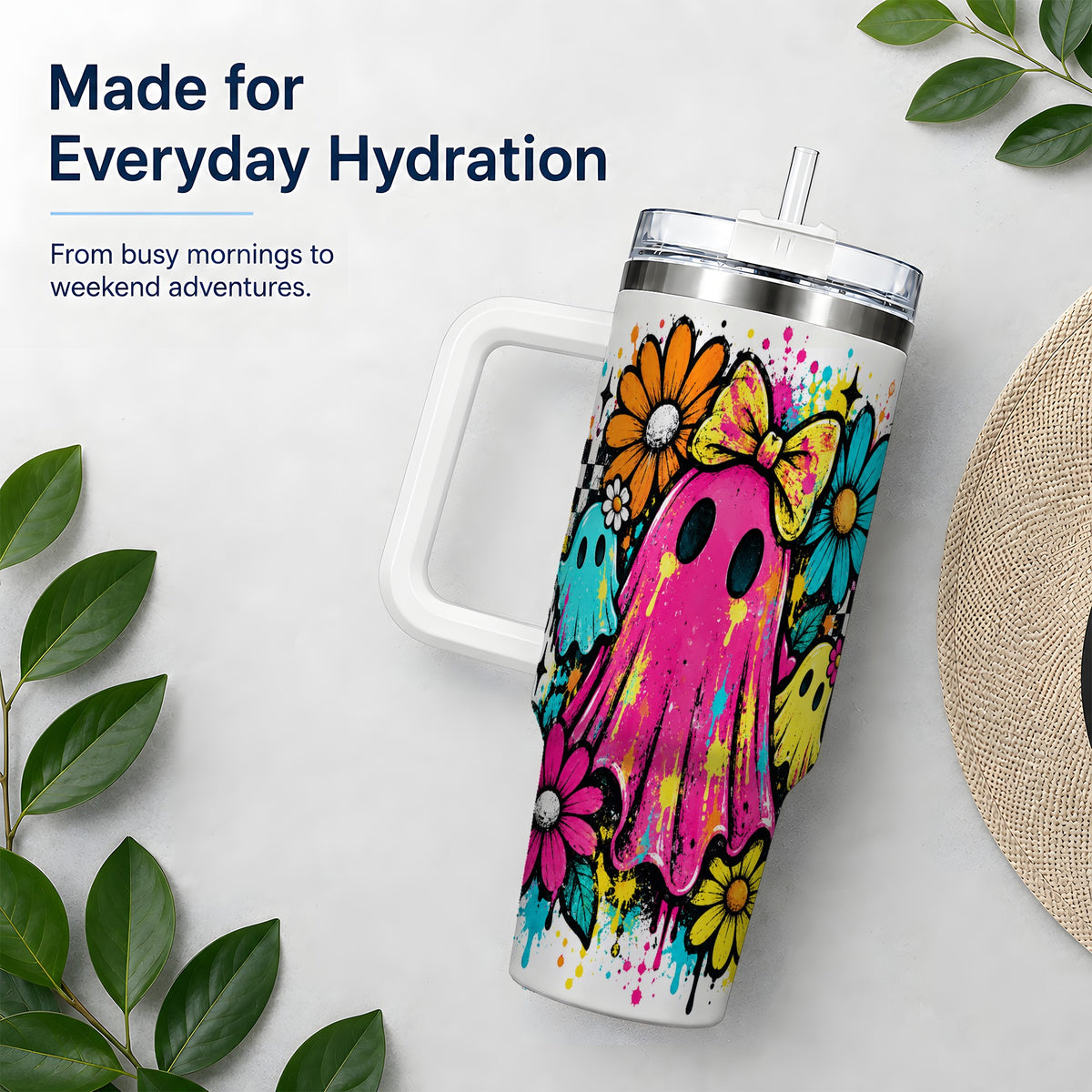 Colorful Ghost Floral 40oz Tumbler, Bright Halloween Paint Artwork