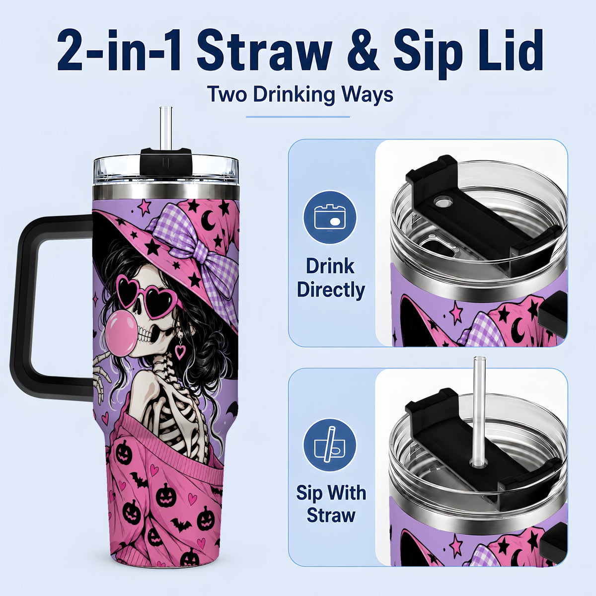 #pl[40oz|Black] Pink Witch Skeleton 40oz Tumbler, Halloween Bubblegum and Bat Artwork