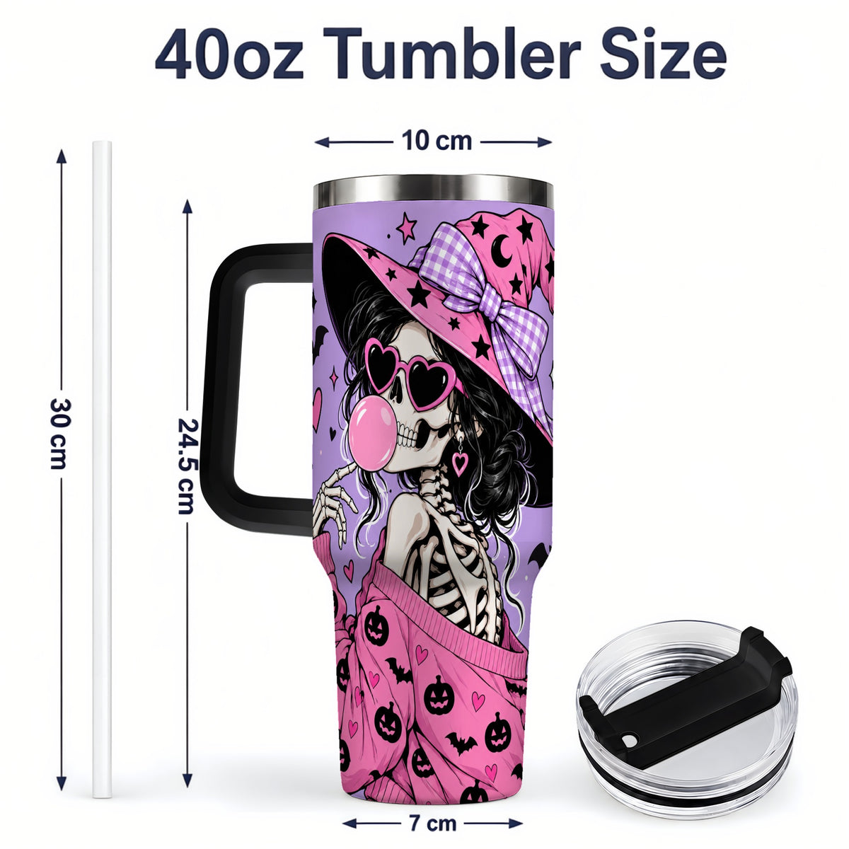 #pl[40oz|Black] Pink Witch Skeleton 40oz Tumbler, Halloween Bubblegum and Bat Artwork