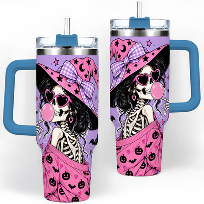 #pl[40oz|Blue] Pink Witch Skeleton 40oz Tumbler, Halloween Bubblegum and Bat Artwork