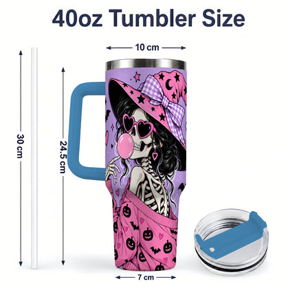 #pl[40oz|Blue] Pink Witch Skeleton 40oz Tumbler, Halloween Bubblegum and Bat Artwork