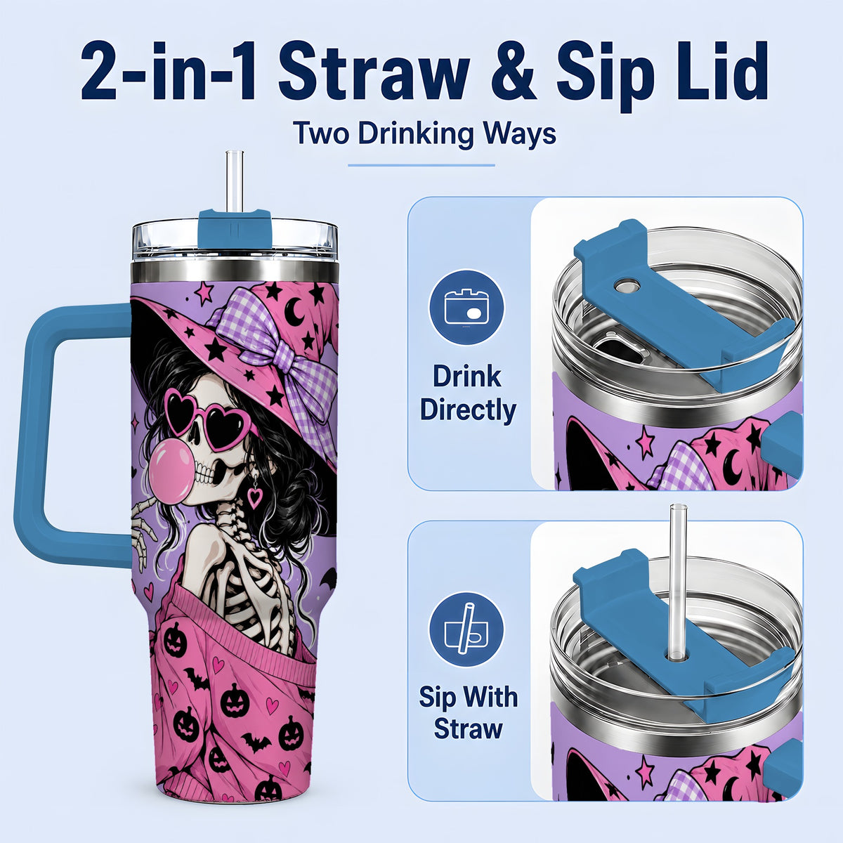 #pl[40oz|Blue] Pink Witch Skeleton 40oz Tumbler, Halloween Bubblegum and Bat Artwork