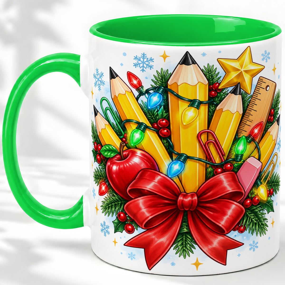 #pl[11oz|Green] Christmas Teacher Ceramic Mug, School Supplies Holiday Artwork