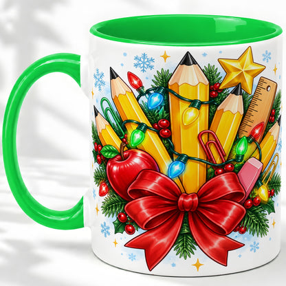 #pl[11oz|Green] Christmas Teacher Ceramic Mug, School Supplies Holiday Artwork