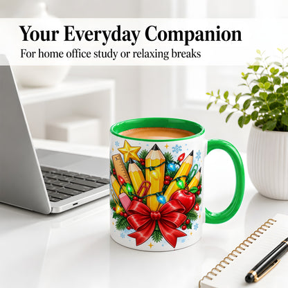 #pl[11oz|Green] Christmas Teacher Ceramic Mug, School Supplies Holiday Artwork
