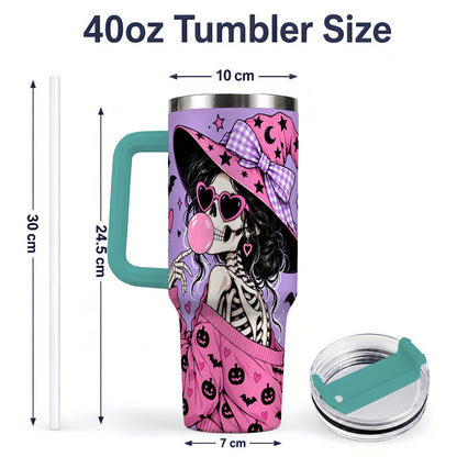 #pl[40oz|Green] Pink Witch Skeleton 40oz Tumbler, Halloween Bubblegum and Bat Artwork